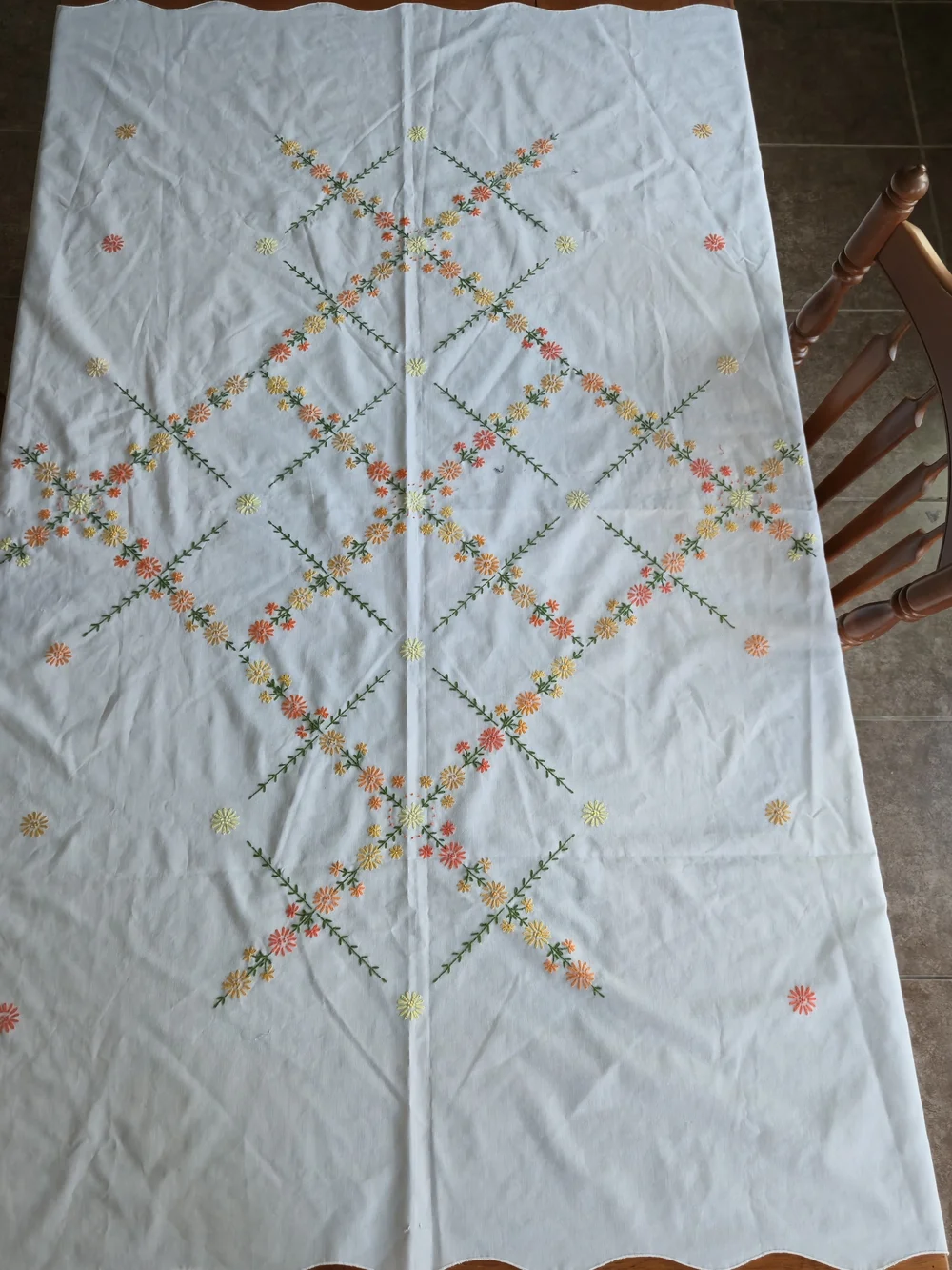 Vintage Hand-Embroidered Floral Tablecloth - Cottagecore Scalloped Edge